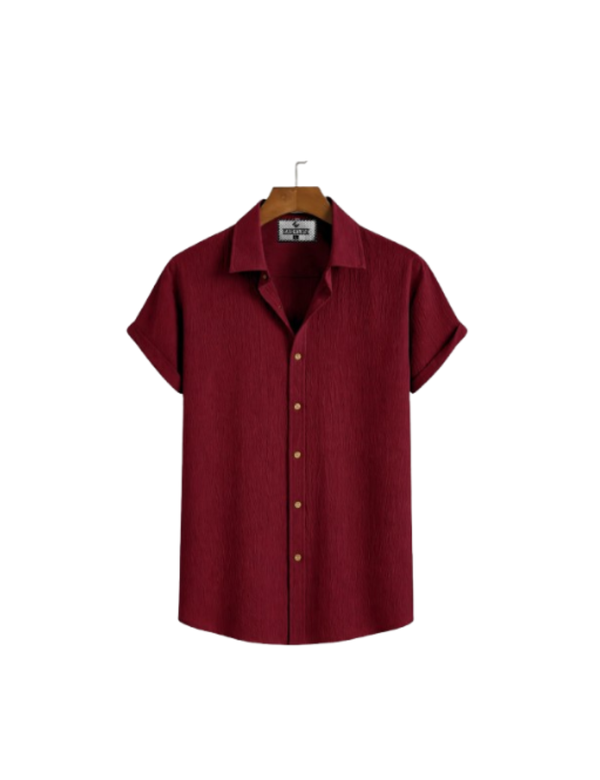 Burgundy Textured Short Sleeve Button-Up Shirt
